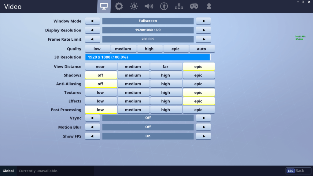 Ninja Fortnite Video Settings Screenshot